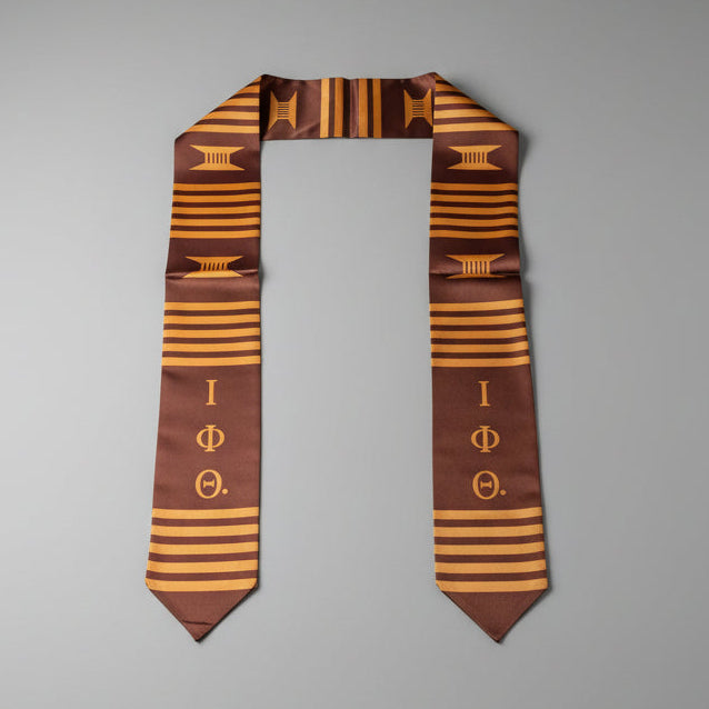 Brown and gold striped stole with greek letters iota phi theta