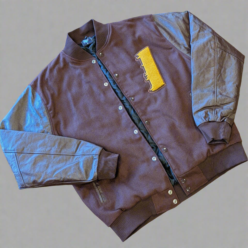 Brown jacket with a yellow "I"