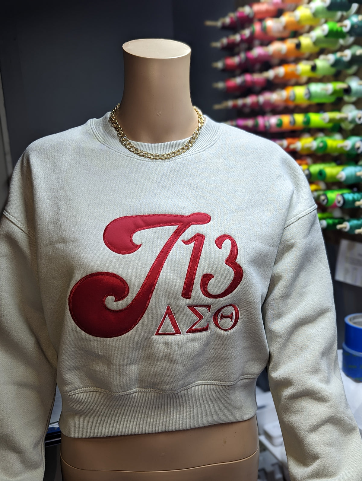 sweatshirt embroidered with "J13" and greek letters "DST"