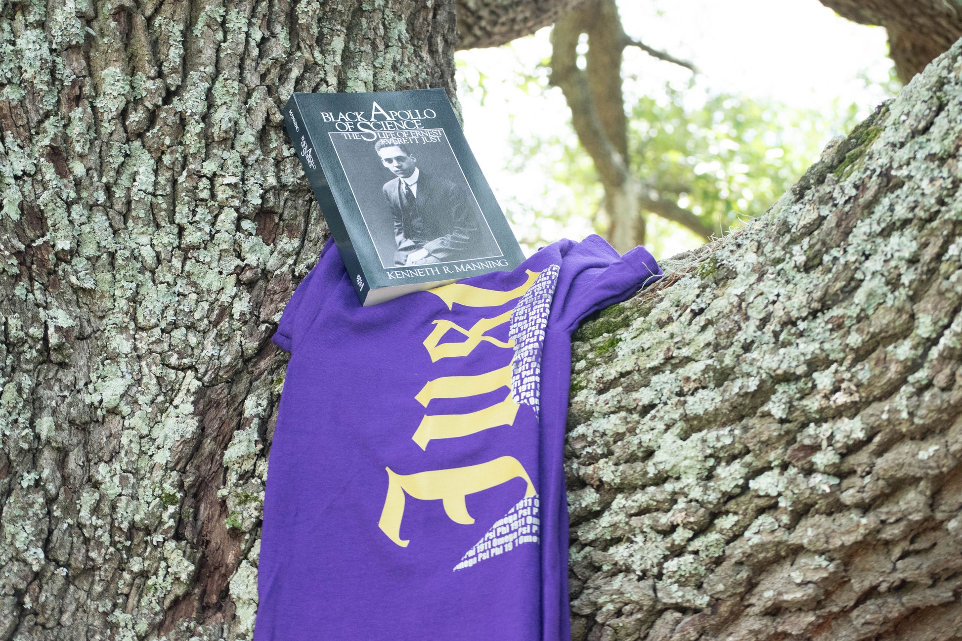 Purple t-shirt with yellow text draped over a tree branch