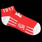 Red sock with white text and accents on a black background