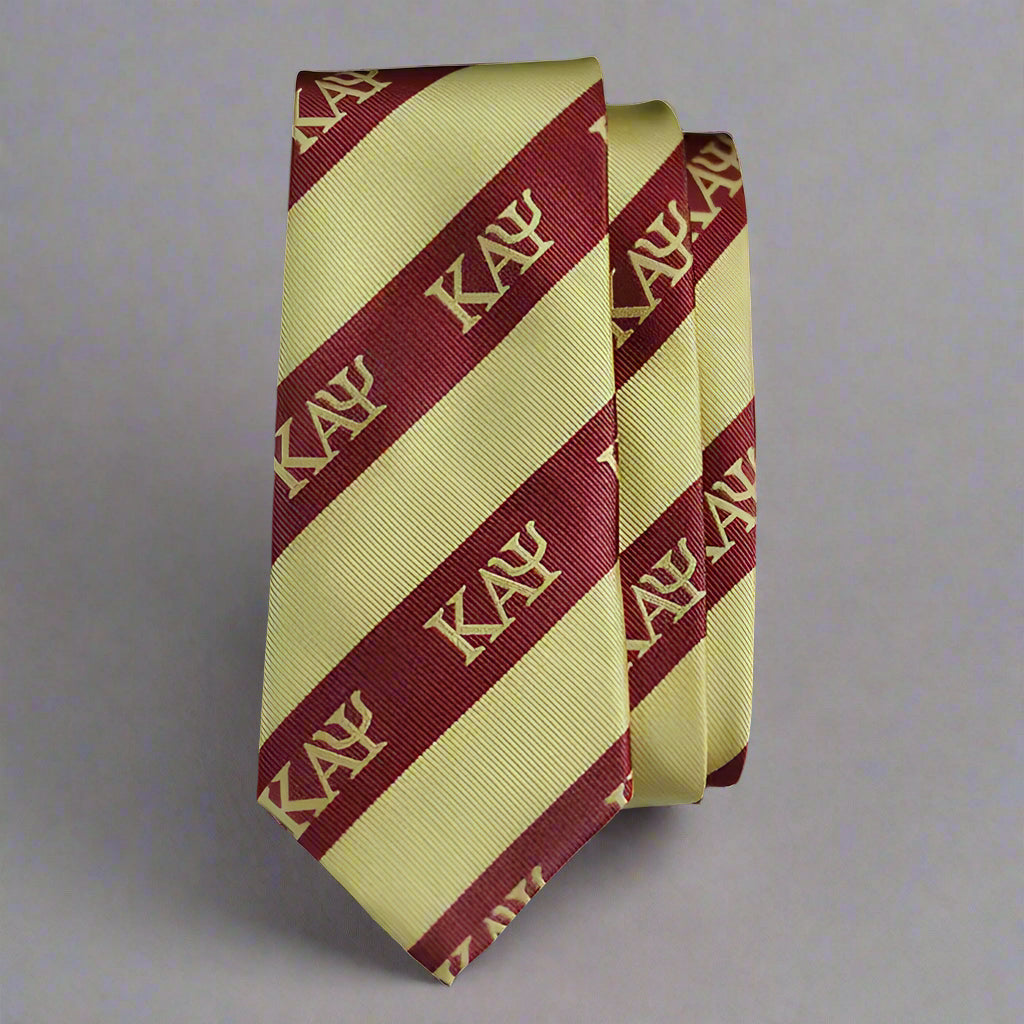 Tie with red and beige stripes and letters text 