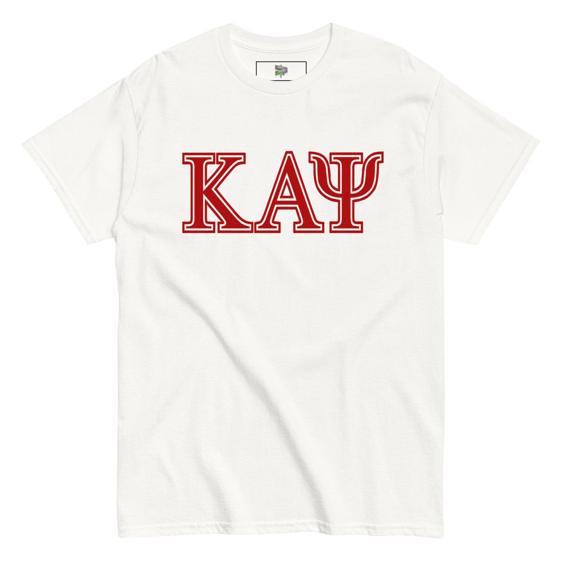 Beige t-shirt with red 'Kappa Alpha Psi' letters on a white background