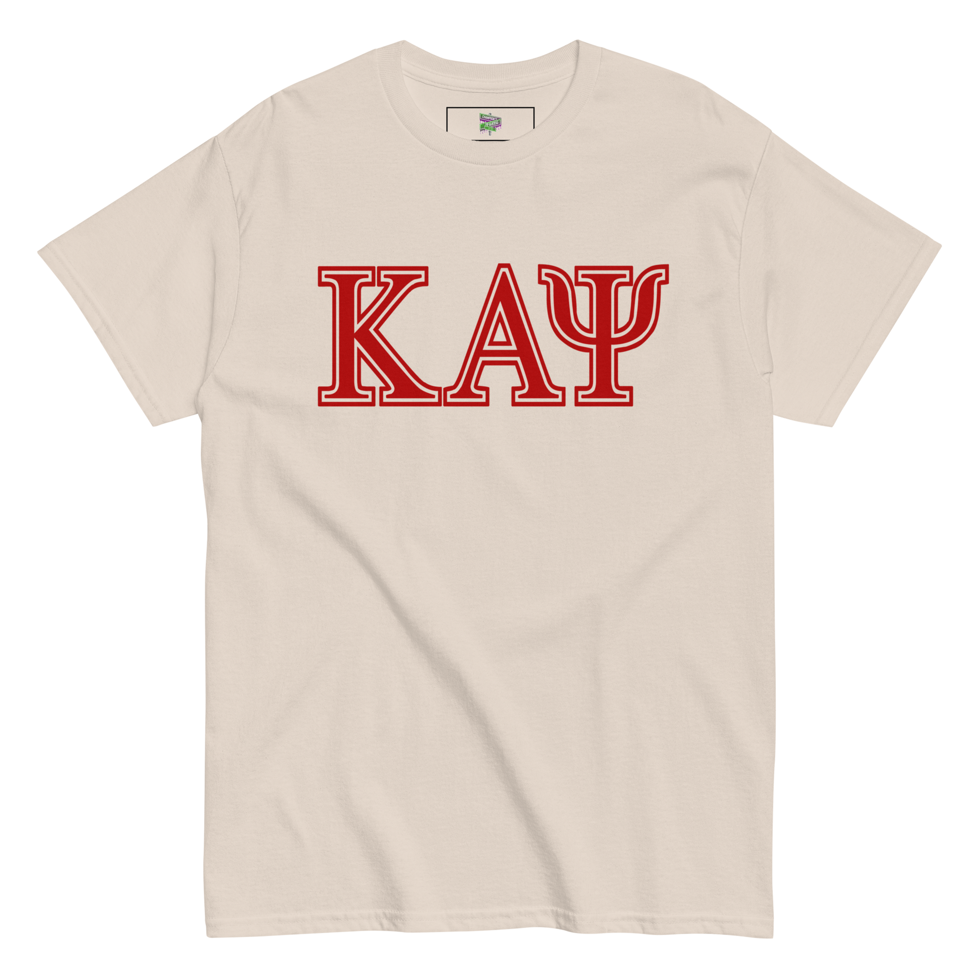 cream colored shirt with greek letters "kappa alpha psi"