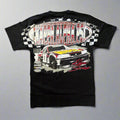 Black t-shirt with a graphic of a race car and text on a gray background
