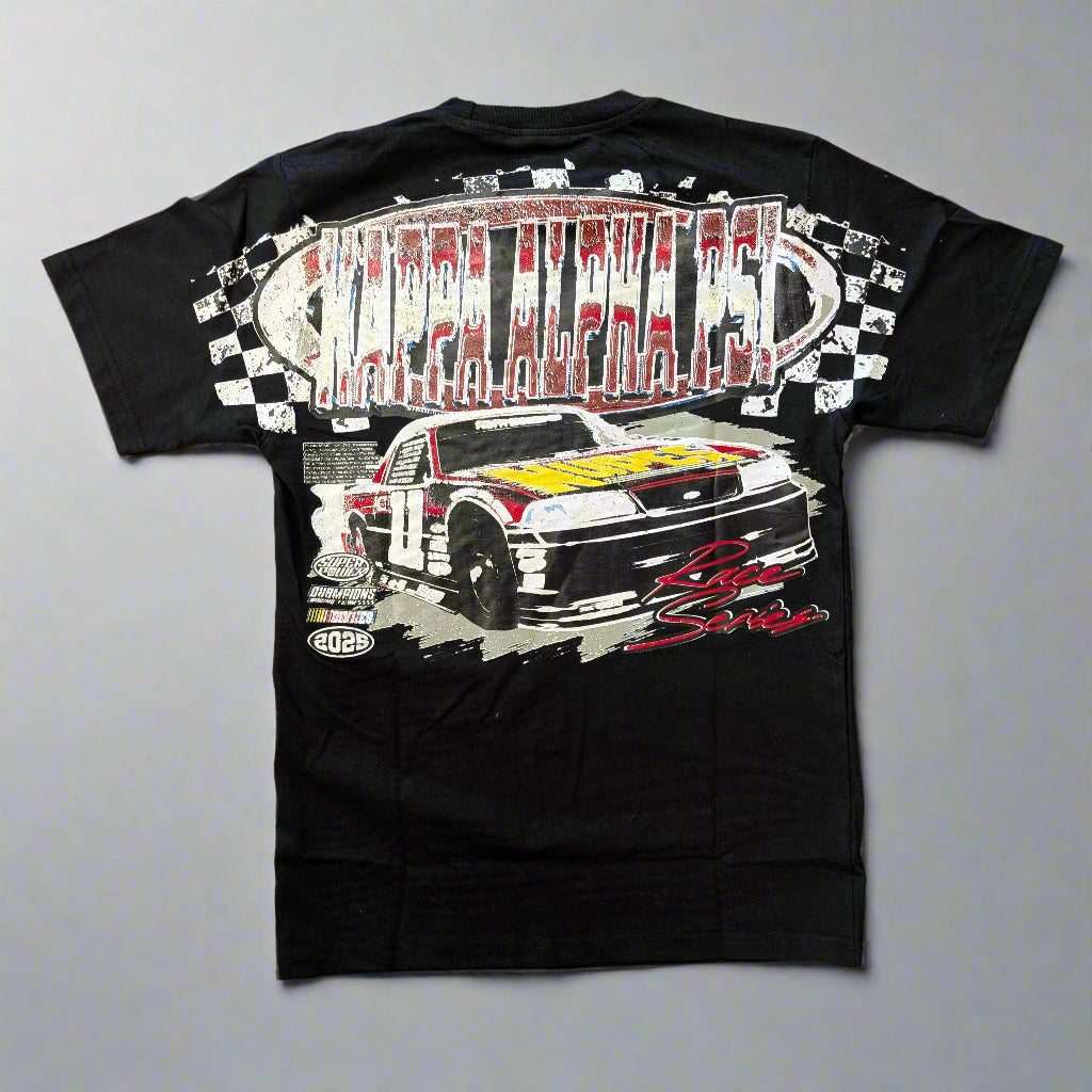 Black t-shirt with a graphic of a race car and text on a gray background