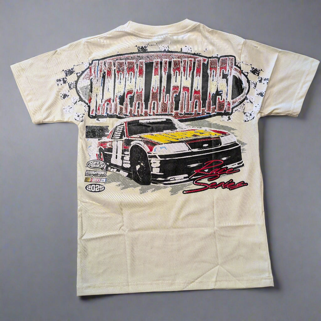 Beige t-shirt with a race car graphic on a gray background