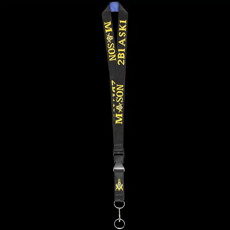 Black lanyard with yellow text and symbols on a white background