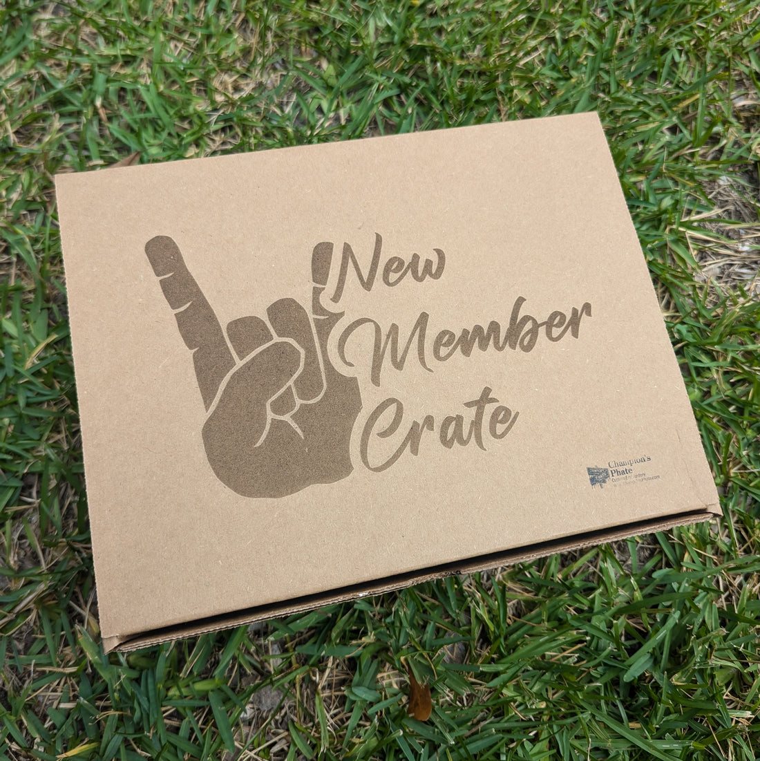 A cardboard gift box with 'NEW MEMBER CRATE' printed on the lid, placed on a grassy surface.