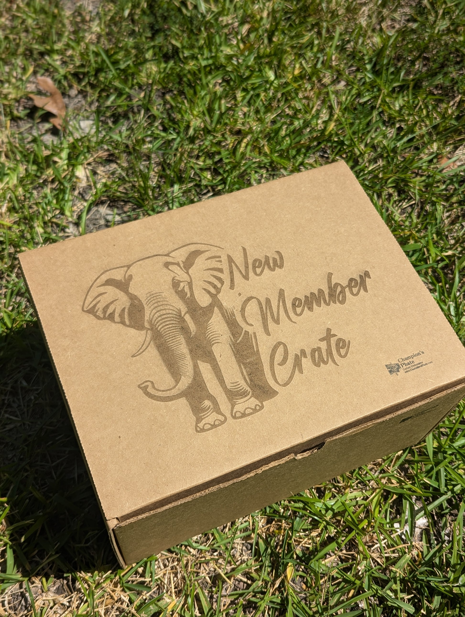 Cardboard box with 'New Member Crate' and elephant illustration on grass