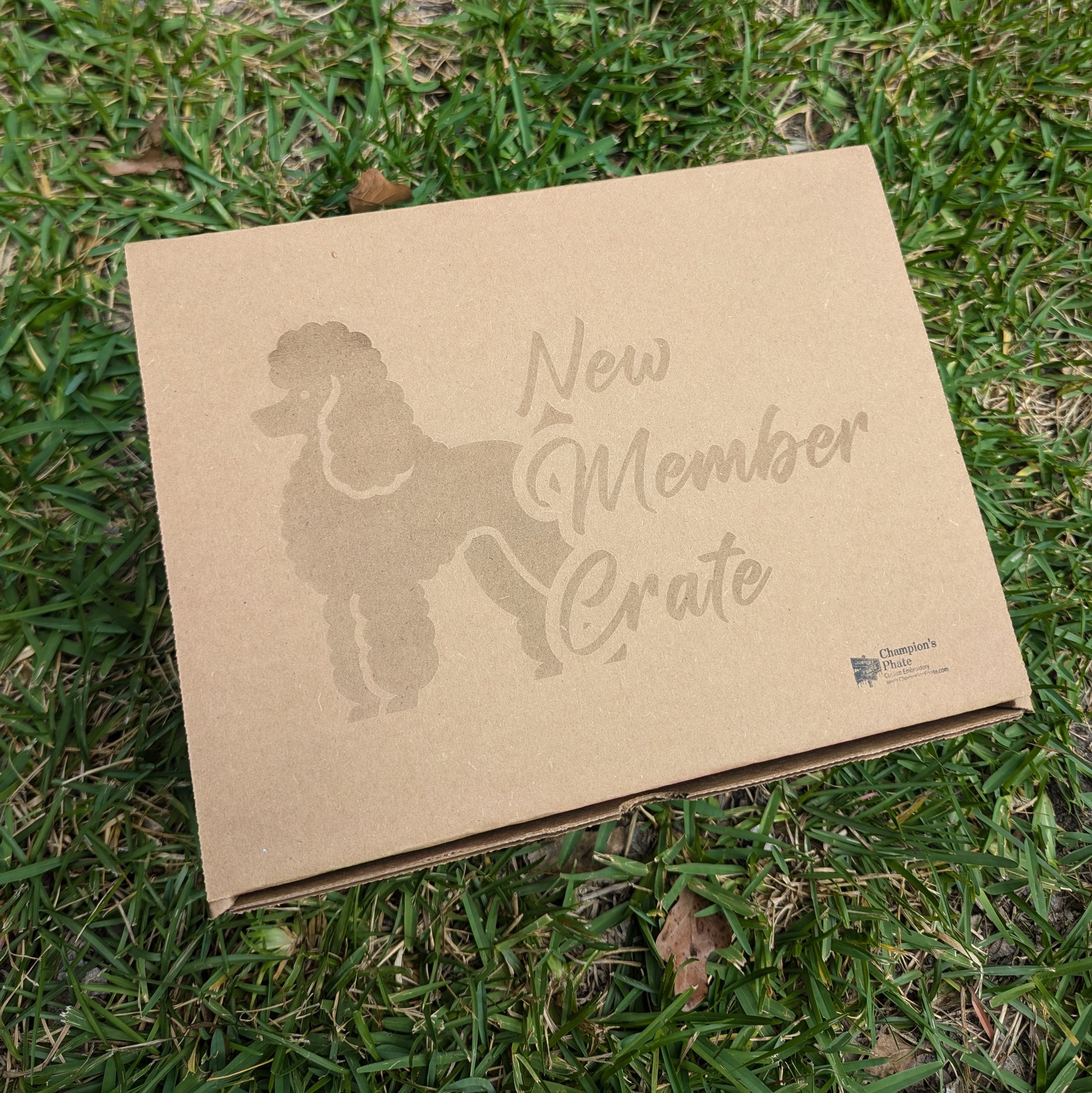 A cardboard gift crate with 'NEW MEMBER CRATE' printed on top and the silhouette of a poodle