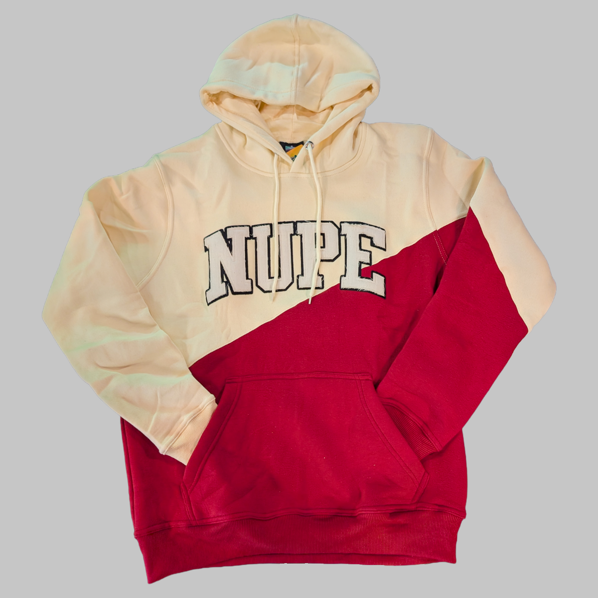 kappa alpha psi Hoodie with beige and red design that says 'NUPE' on a gray background