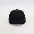 Black cap with purple eyeletson a white background