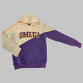 Hoodie with 'Omega' text trimmed in gold on a cream and purple hoodie.