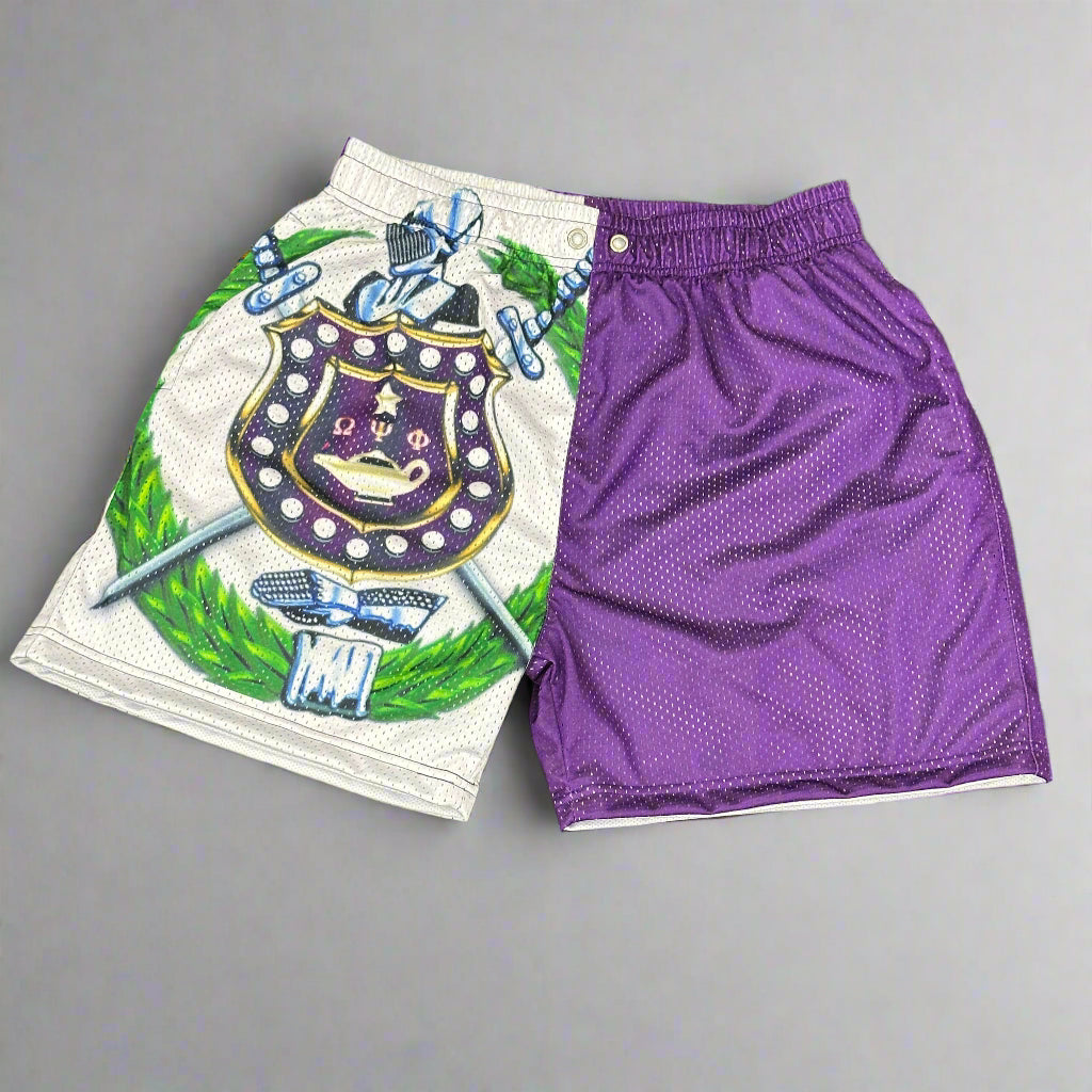 Purple shorts with a crest 