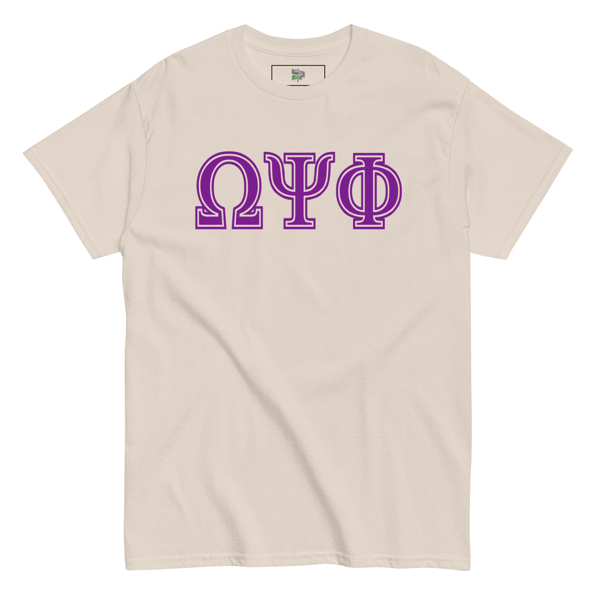 cream tshirt with greek letters "omega psi phi"