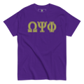 purple tee with greek letters omega psi phi