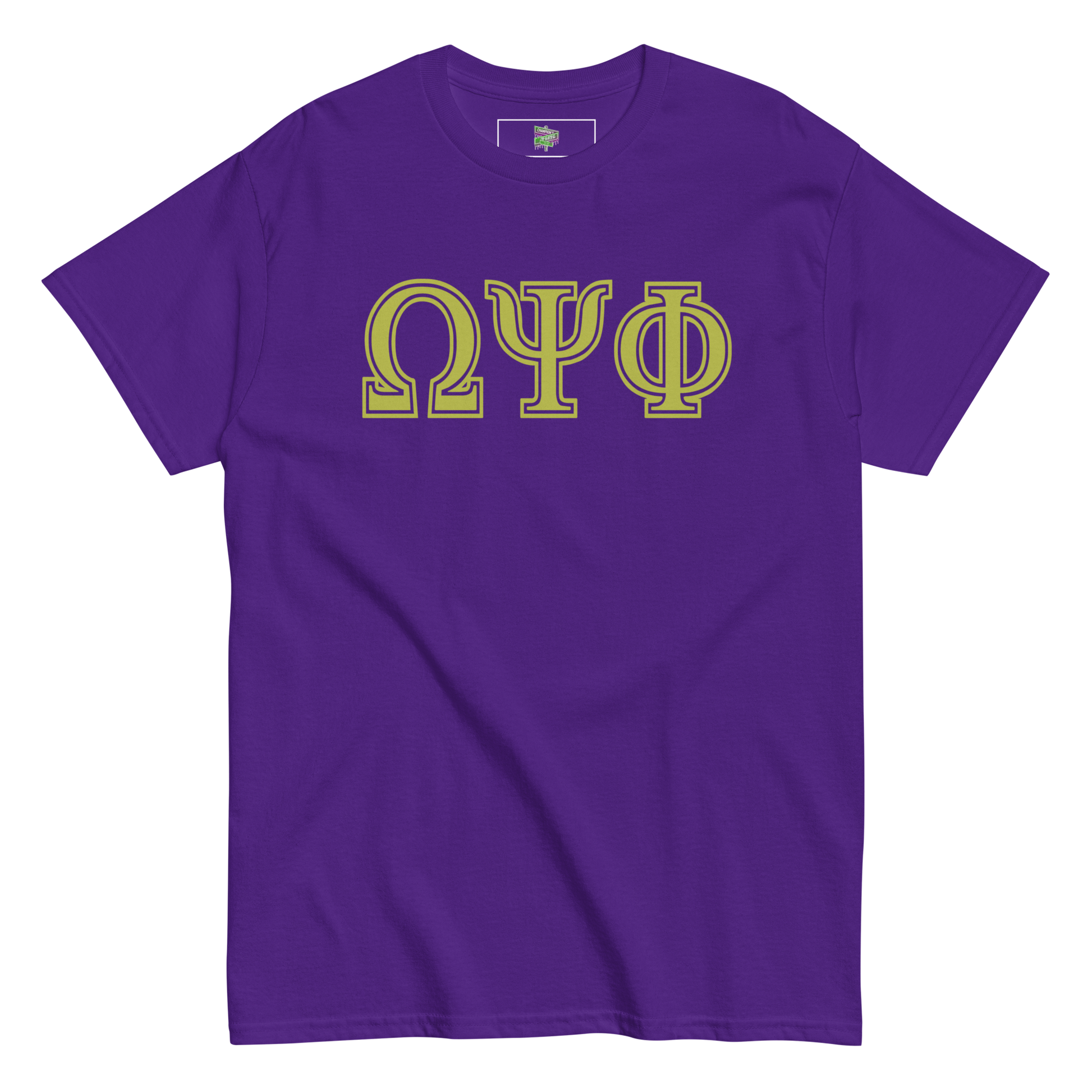 purple tee with greek letters omega psi phi