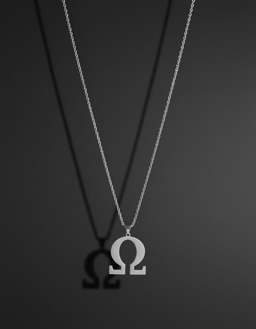 Silver necklace with a silver Omega symbol 
