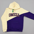 purple and cream hoodie with the word 