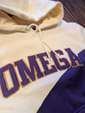 cream and purple hoodie with 'OMEGA' on chest 