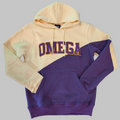 Two-tone beige and purple hoodie with 'OMEGA' text trimmed in old gold