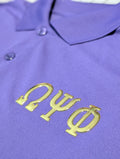 Purple polo shirt with gold greek letters for omega psi phi