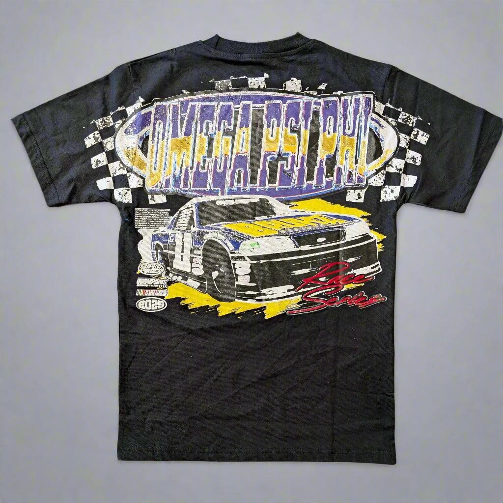 Black t-shirt with a graphic of a car and 'Omega Psi Phi' text on a gray background