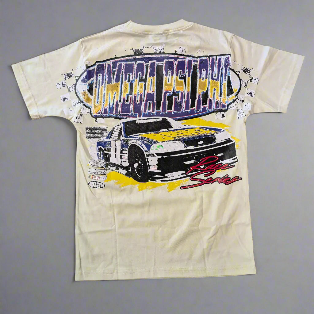 Beige t-shirt with a race car graphic and text on a gray background