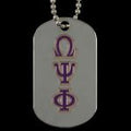 Dog tag with Omega Psi Phi fraternity symbols on a chain.