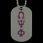 Dog tag with Omega Psi Phi fraternity symbols on a chain.