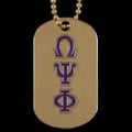 Gold dog tag necklace with purple Omega Psi Phi letters on a plain background