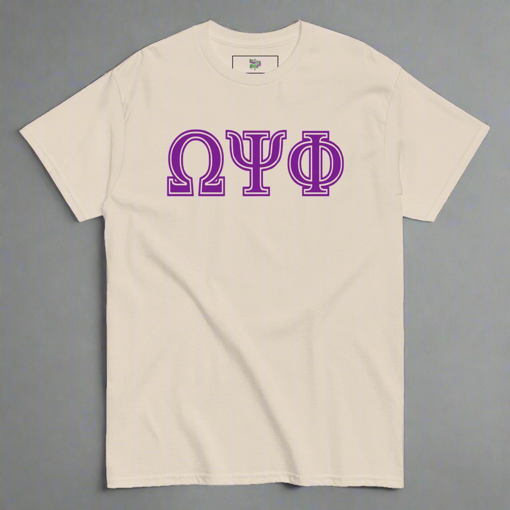 Yellow t-shirt with purple Omega Psi Phi letters on a gray background