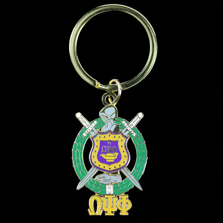 Keychain with emblem and text on a black background