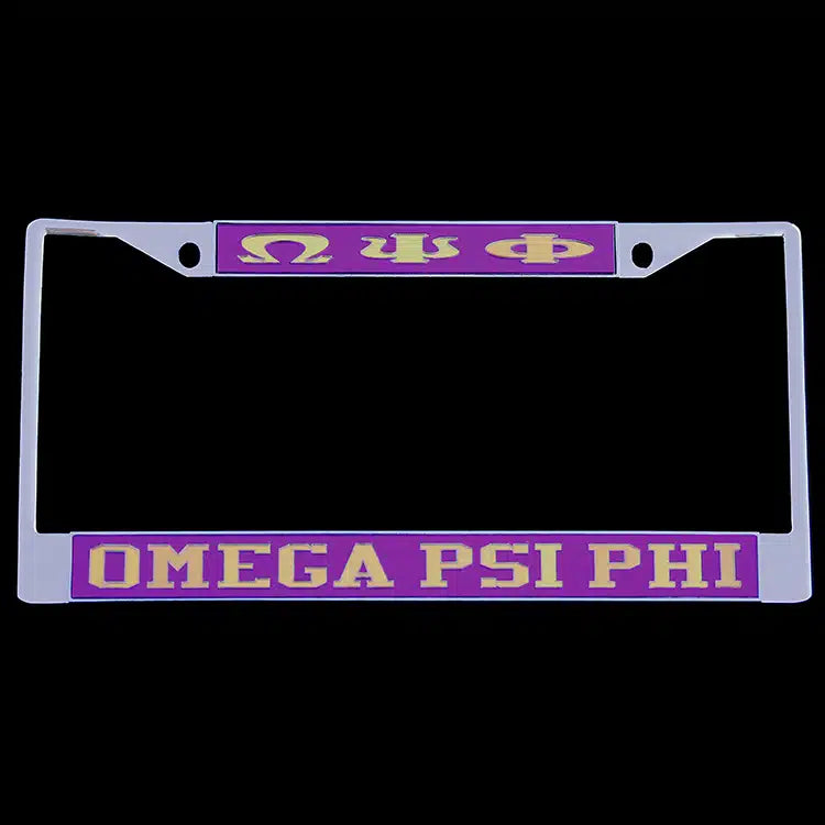 License plate frame with Omega Psi Phi letters on a black background