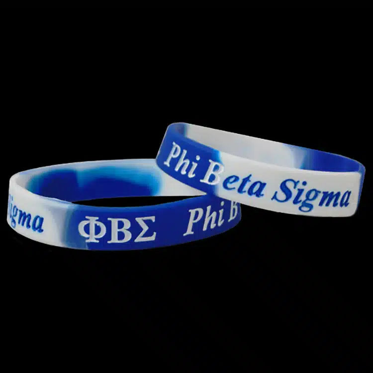 Two blue and white wristbands with 'Phi Beta Sigma' text on a black background