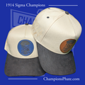 Two baseball caps with embroidered logos on a blue background, featuring the text '1914 Sigma Champions' and 'ChampionsPhate.com'.