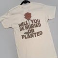 Beige t-shirt with a red rose graphic and text saying 