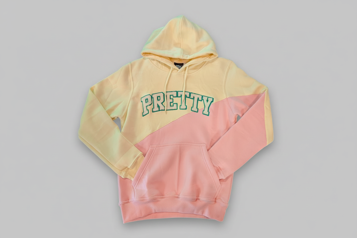two tone Color-blocked hoodie with 'PRETTY' text on a cream and pink hoodie