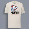 White t-shirt with graphic design and text on a gray background