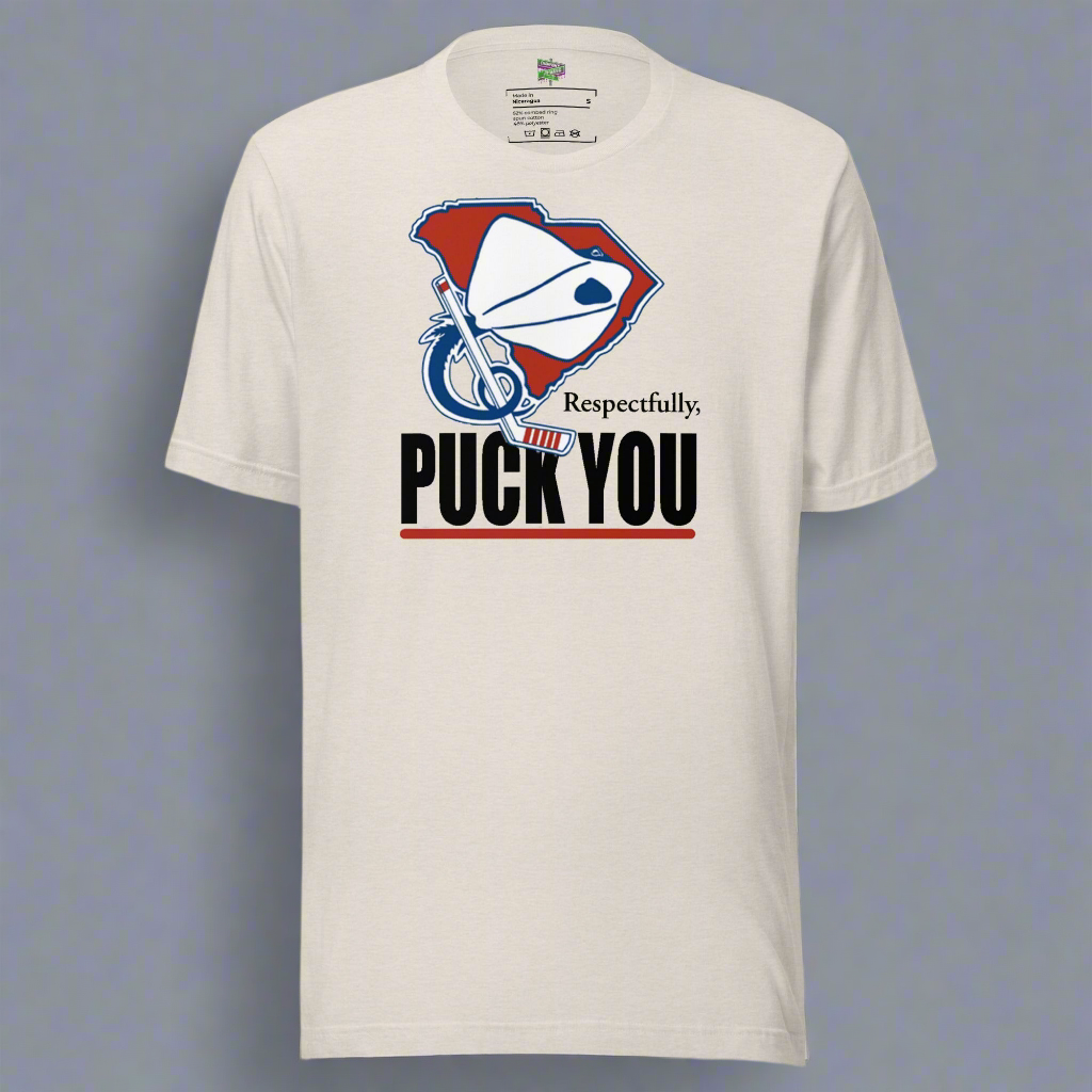 White t-shirt with graphic design and text on a gray background