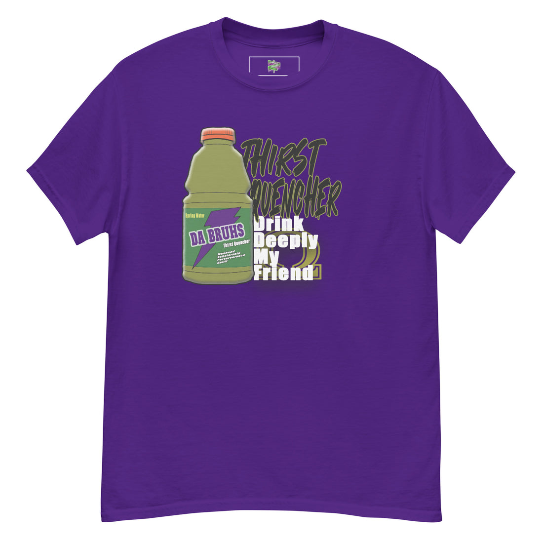 Purple t-shirt with a graphic of a bottle and text on a white background
