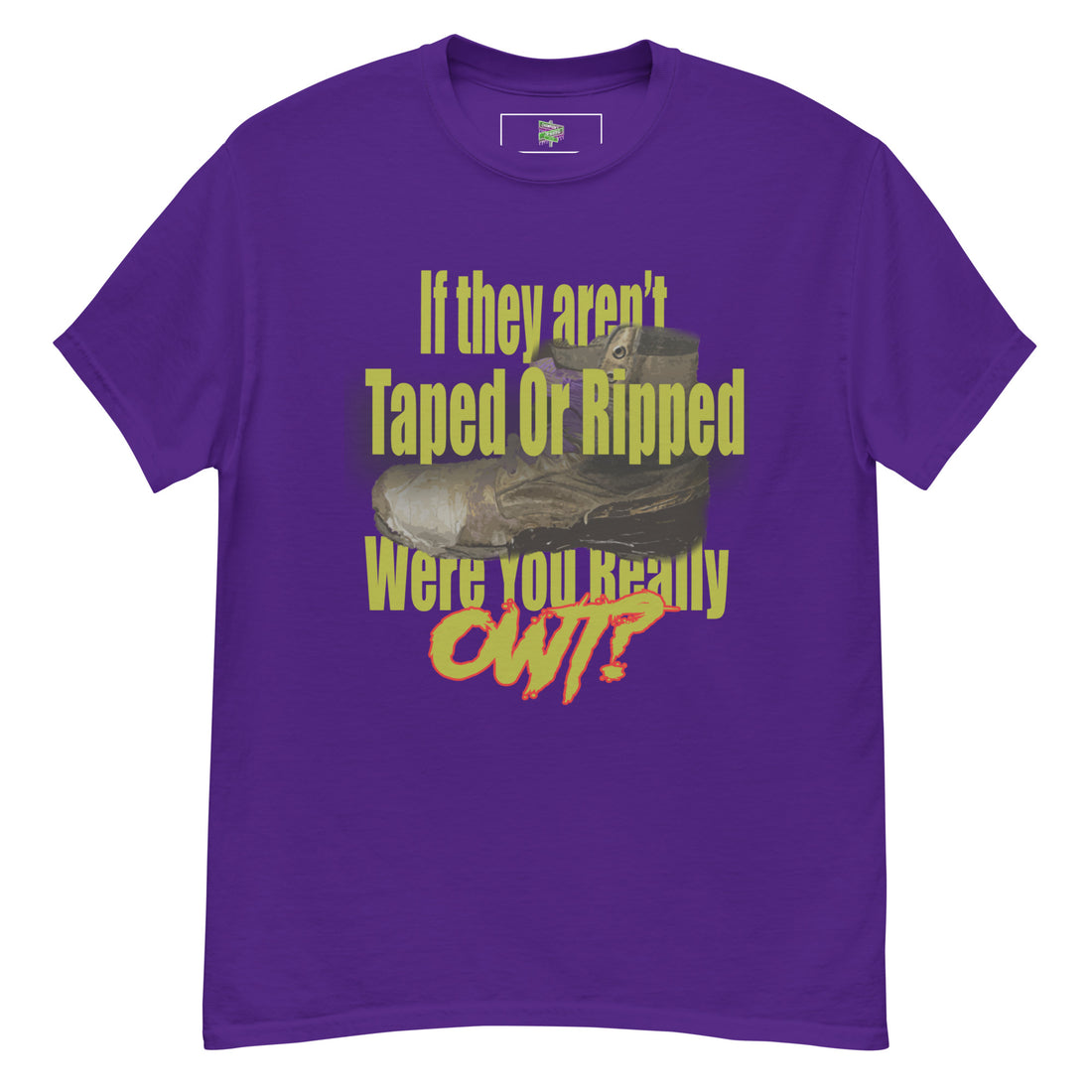 Purple t-shirt with graphic design and text on a white background