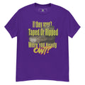 Purple t-shirt with graphic design and text on a white background