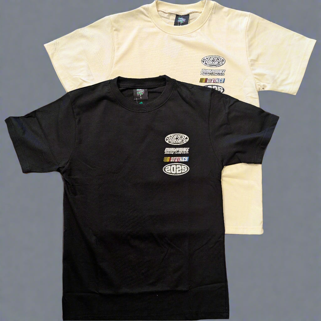 Black and beige t-shirts with logos on a gray background