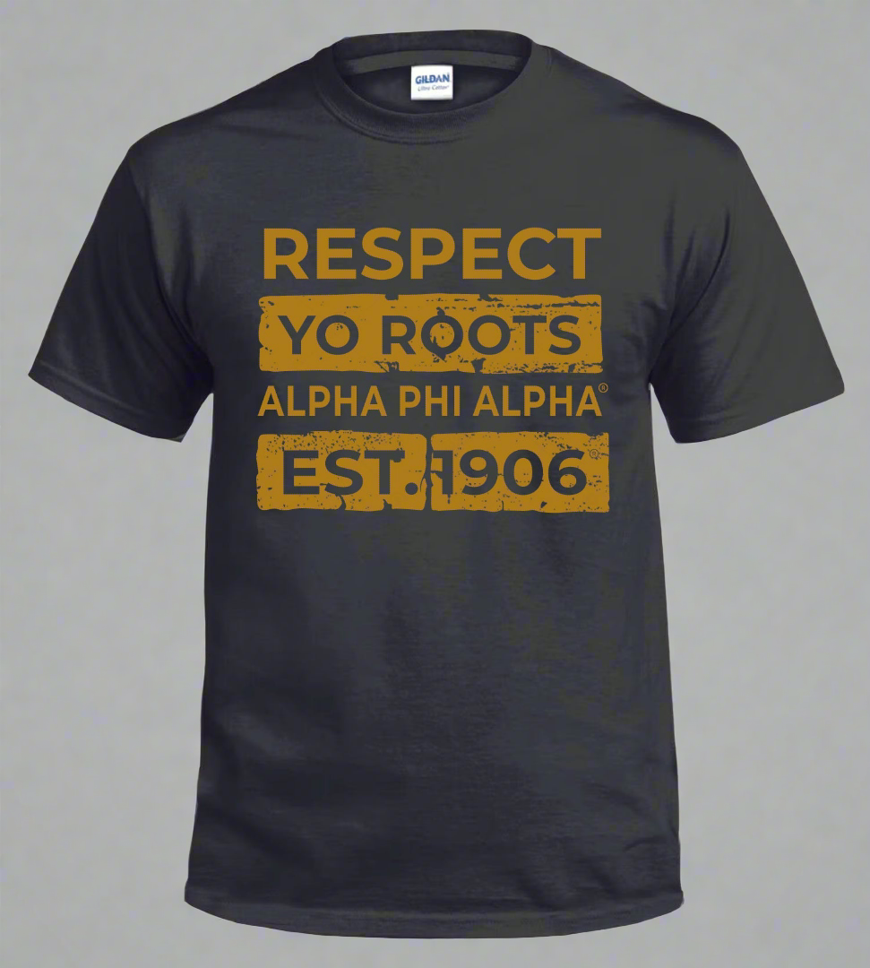 Black t-shirt with yellow text on a gray background