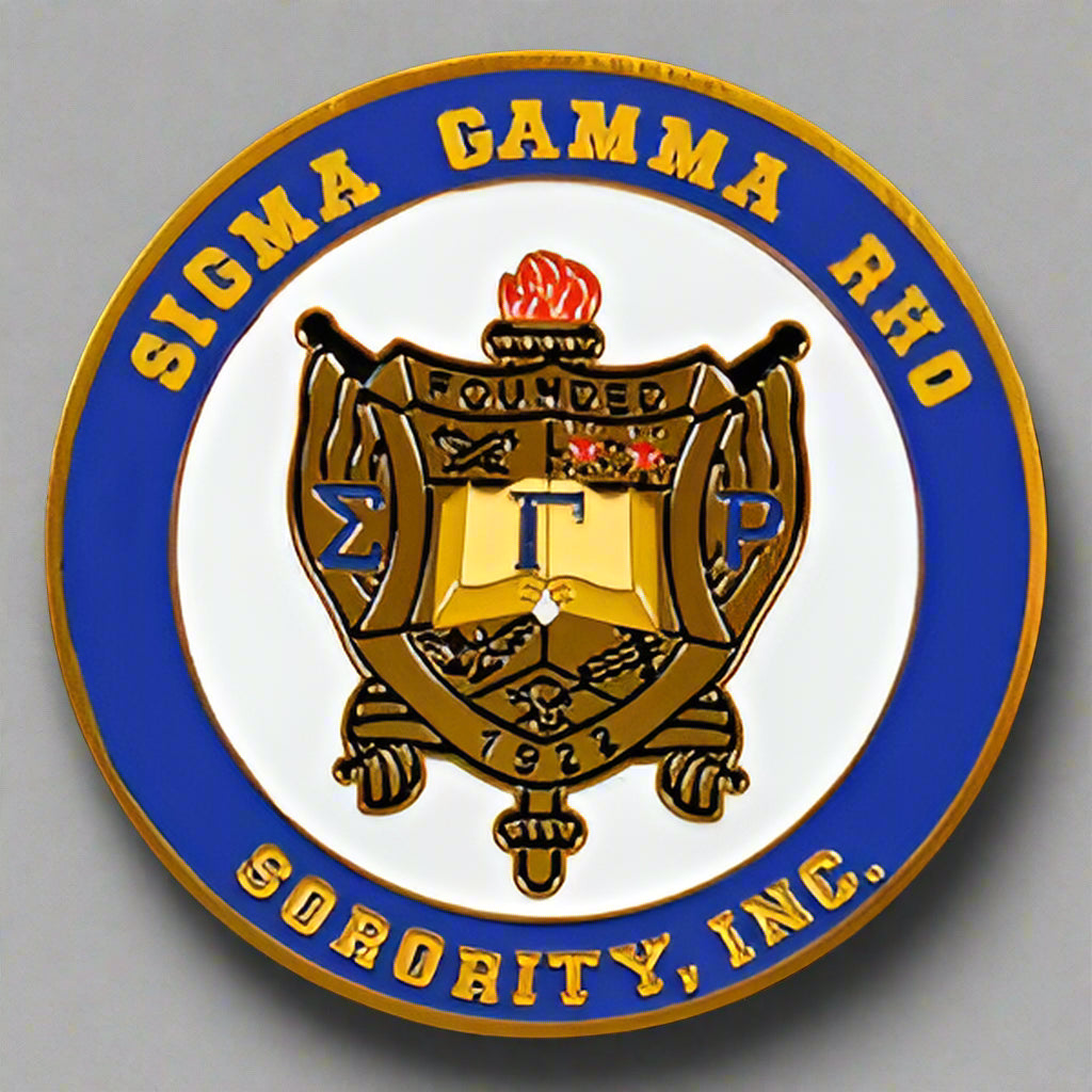 A car emblem featuring the Greek letters for Sigma Gamma Rho Sorority, Inc. with shield