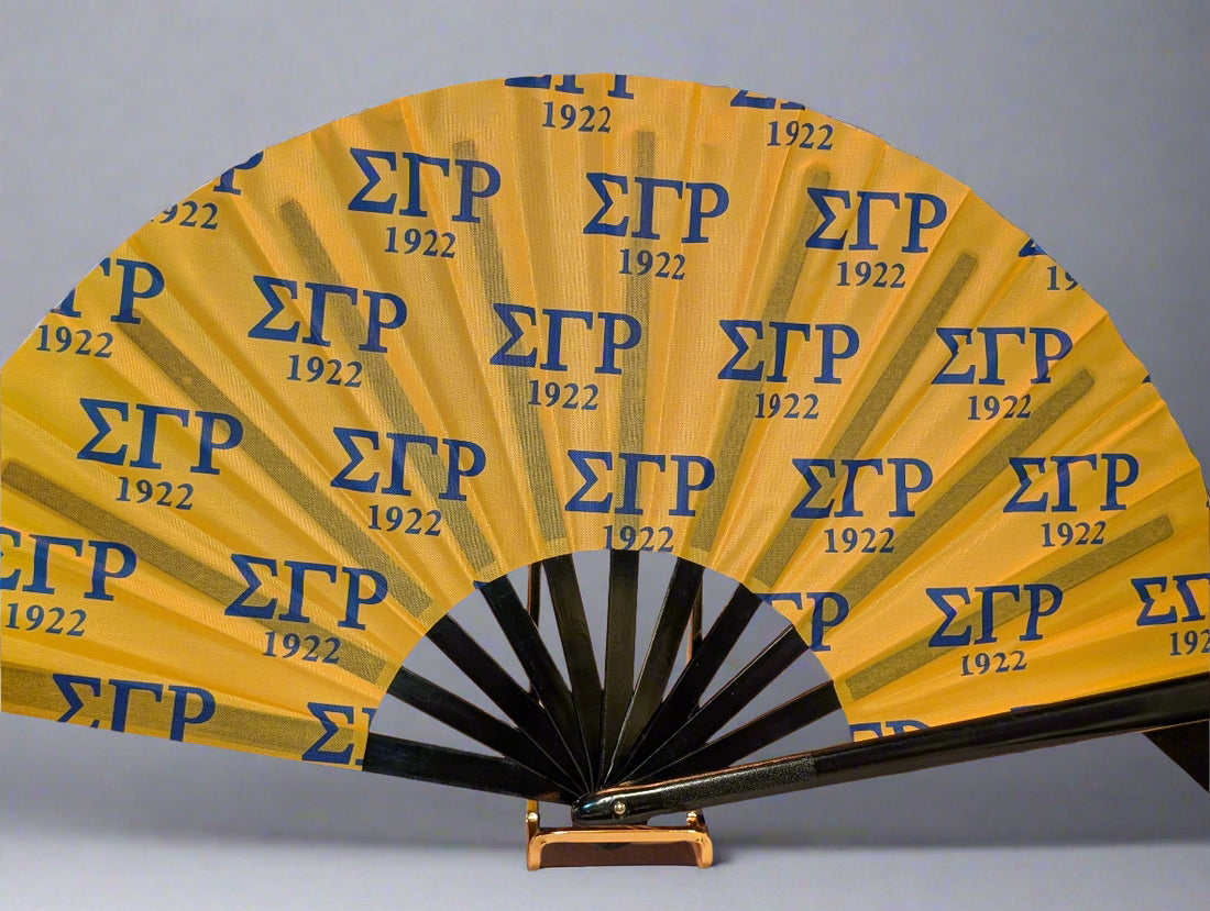 Yellow fan with blue 'SGRP 1922' text on a gray background