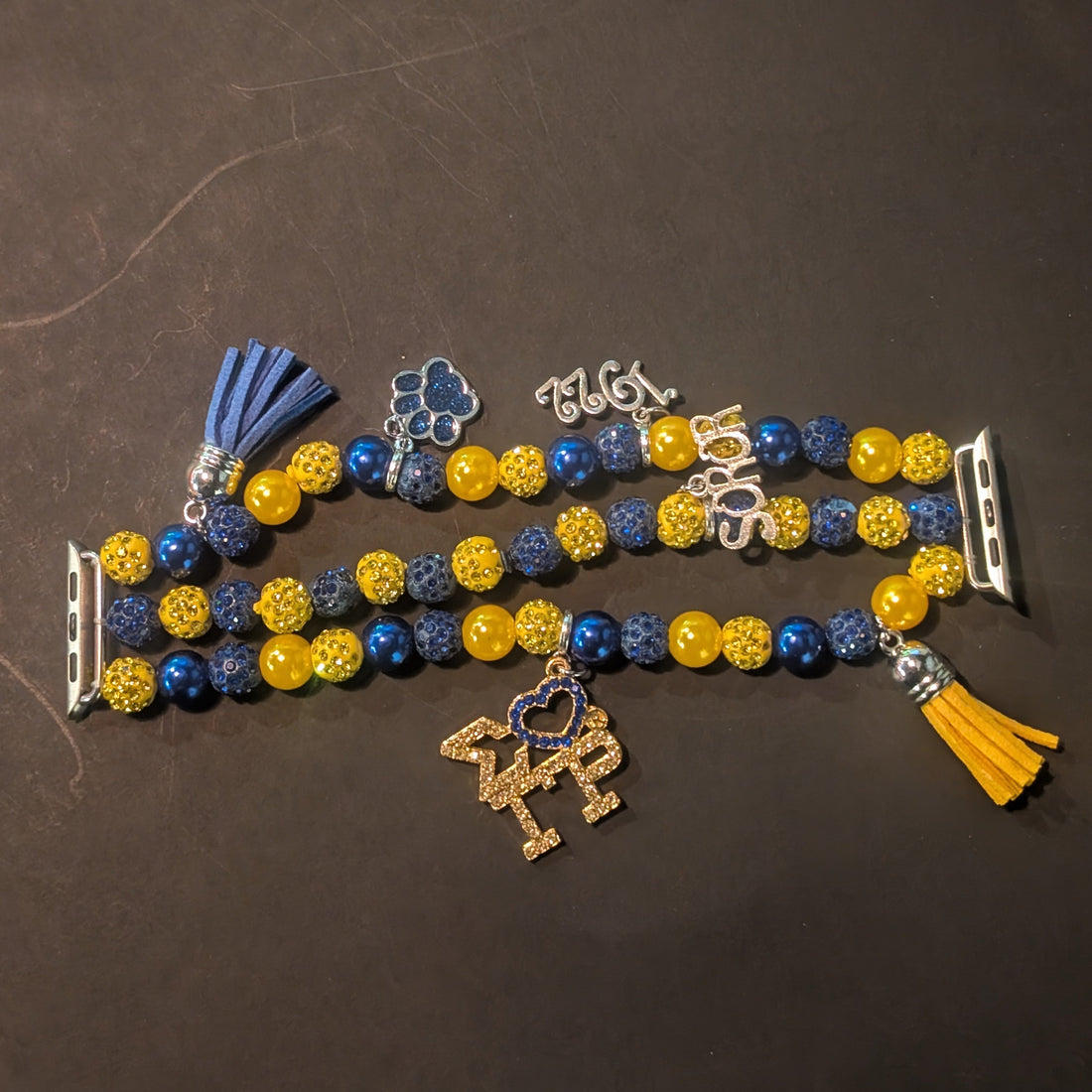 Blue and yellow beaded apple watch band/bracelet with tassels and charms for sgrho