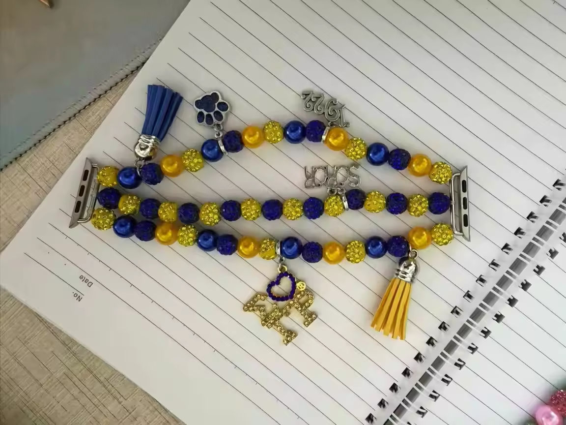 Blue and gold beaded apple watch band/bracelet with tassels for sigma gamma rho